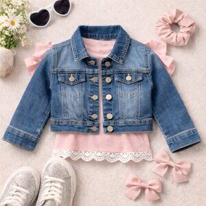 Jordache Girls Cropped Denim Jacket Size 4/5 Medium‎ Wash Stretch Jean Coat